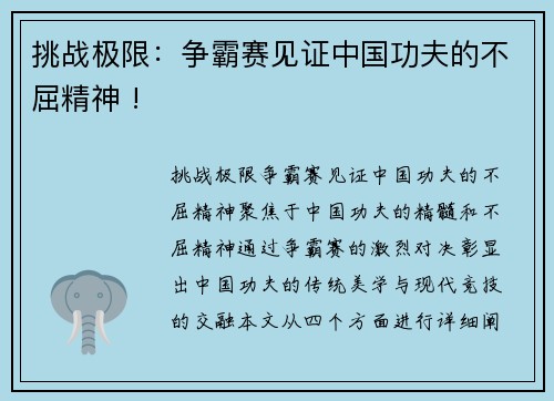 挑战极限：争霸赛见证中国功夫的不屈精神 !
