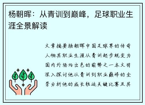 杨朝晖：从青训到巅峰，足球职业生涯全景解读